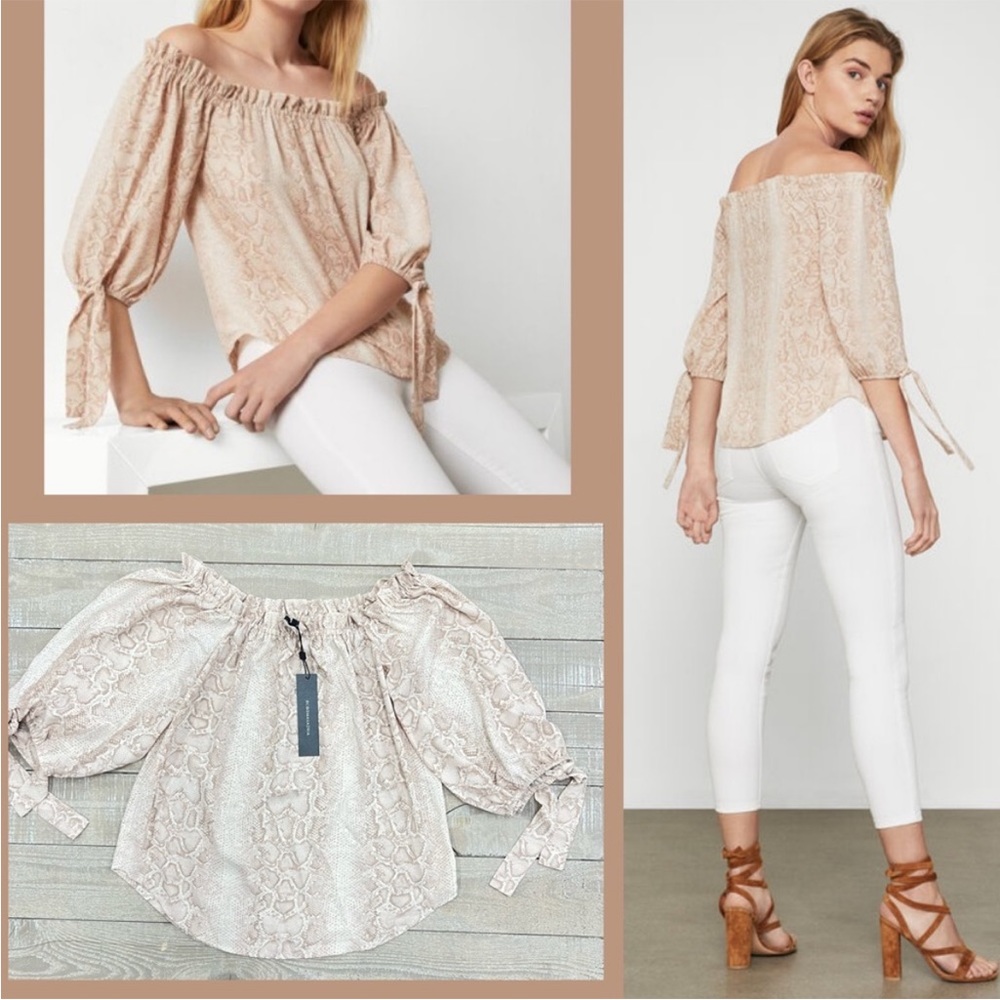 NWT  BCBG MAXAZRIA Python Off-The-Shoulder Blouse Bare Pink 3/4 Sleeves Size XS